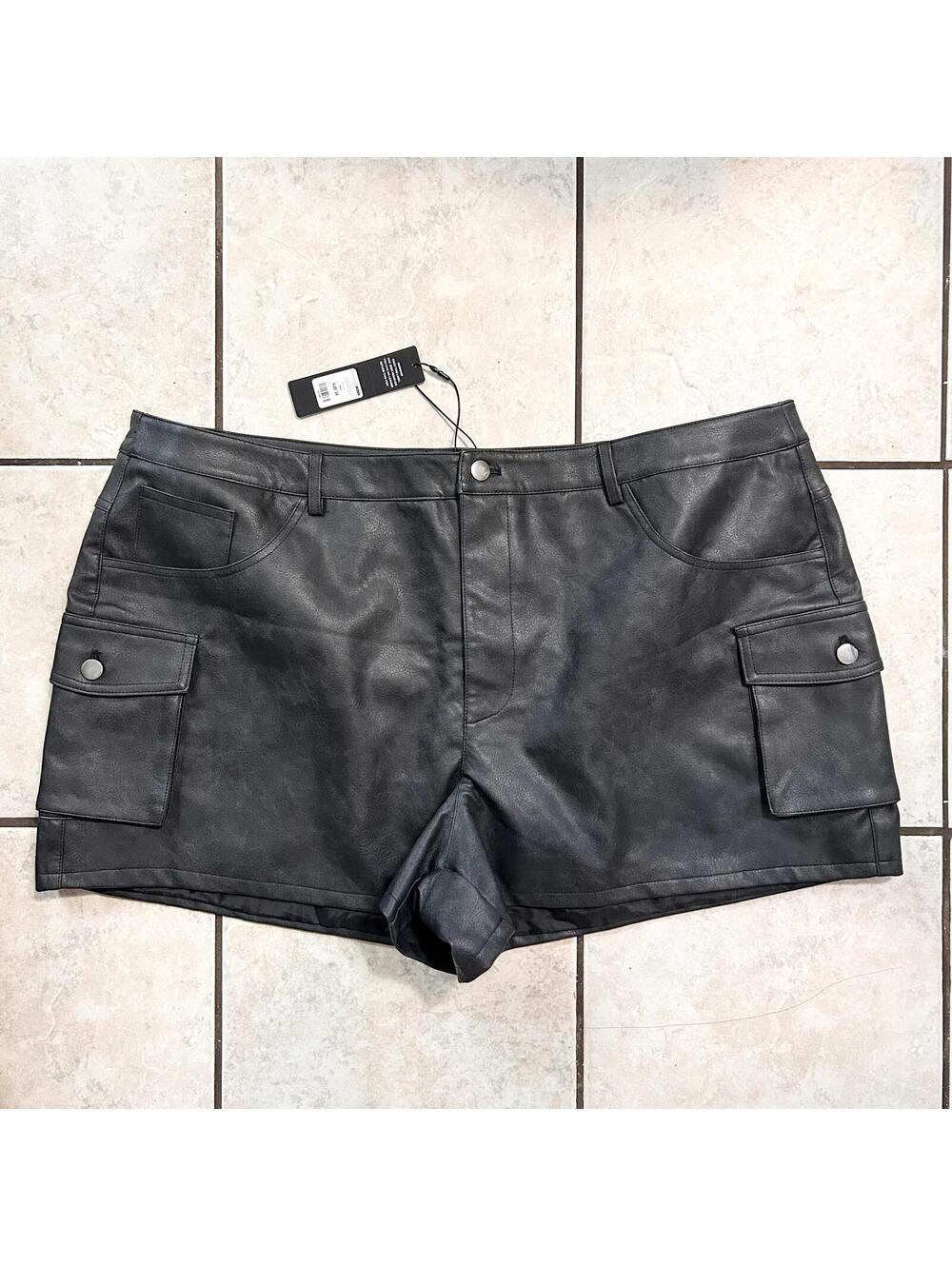 Fashion Nova Black London Washed Faux Leather Cargo Shorts Plus Size Women's 3X